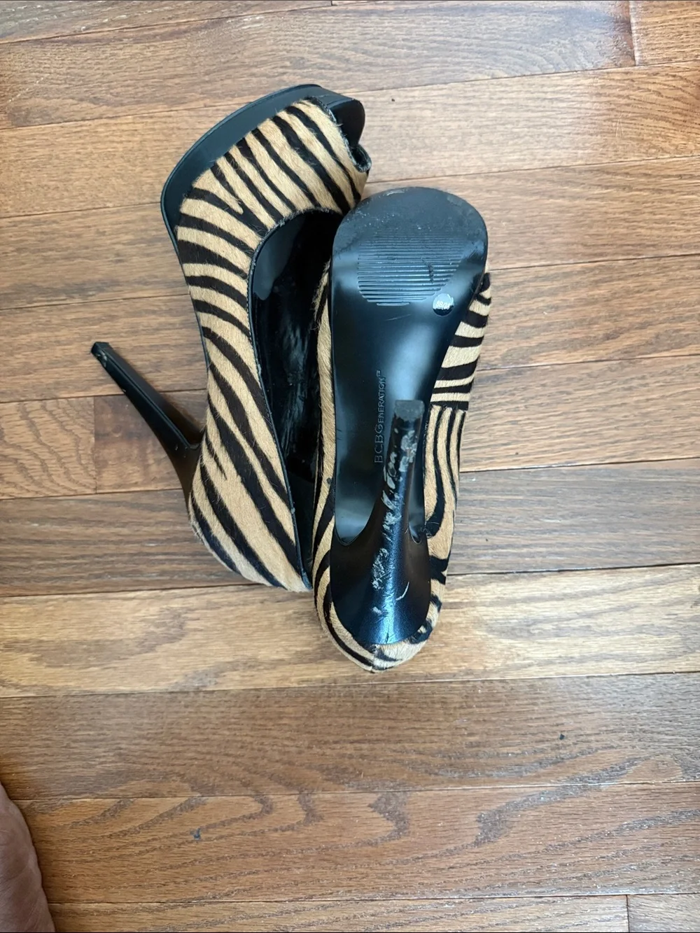 BCBGeneration Zebra-Print Peep-Toe Heels in Tan and Black